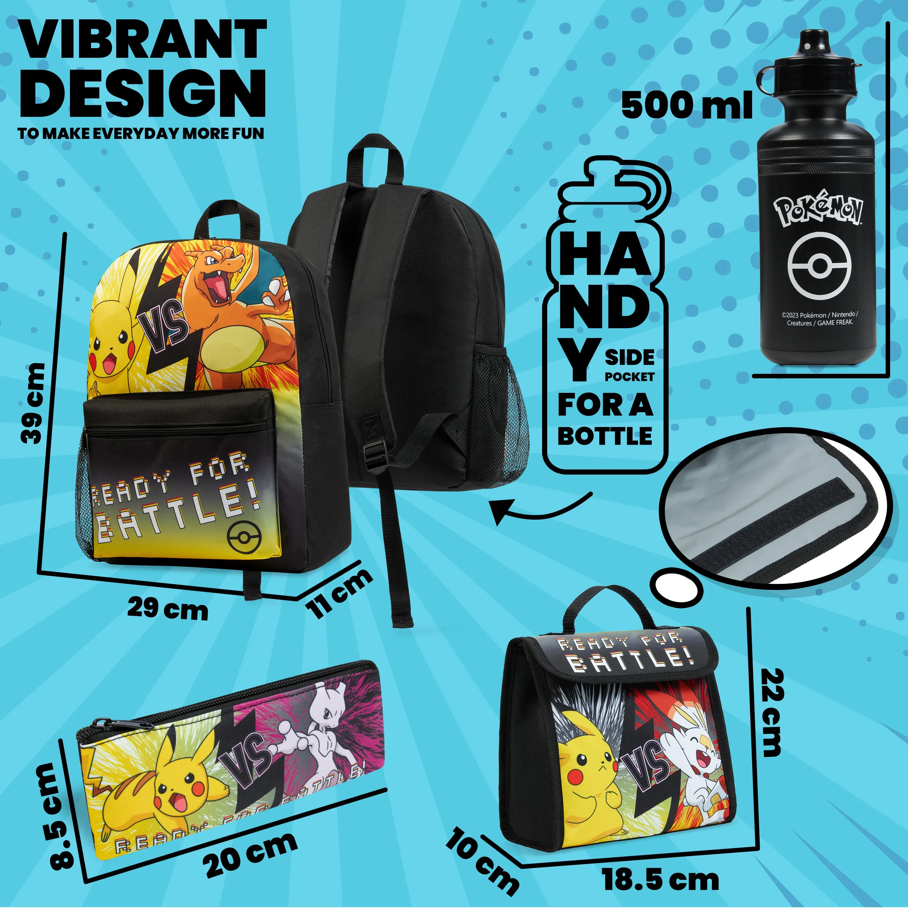 Pokemon Kids Backpack 4 Piece Set - Rucksack, Insulated Lunch Box, Kids Pencil Case BPA Free 500ml Water Bottle