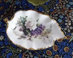 Royal Patrician Leaf Shape Tea Bag Caddy White Roses Violets England Bone China