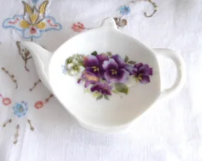 Teapot Shape Tea Bag Caddy Pansies England Bone China Allyn Nelson Royal Patrician