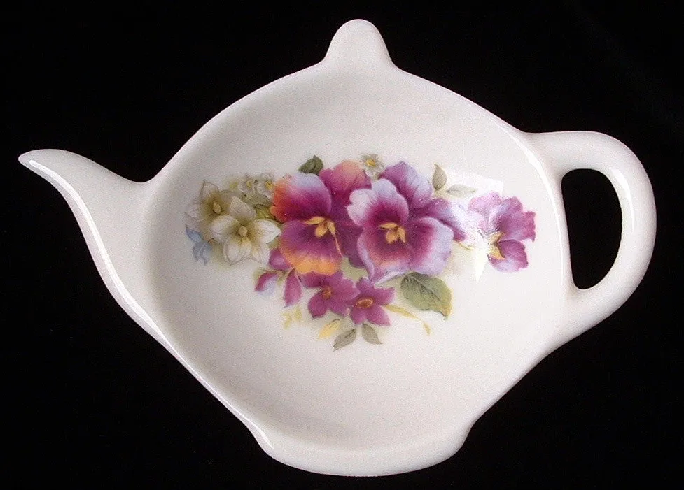 Teapot Shape Tea Bag Caddy Pansies England Bone China Allyn Nelson Royal Patrician