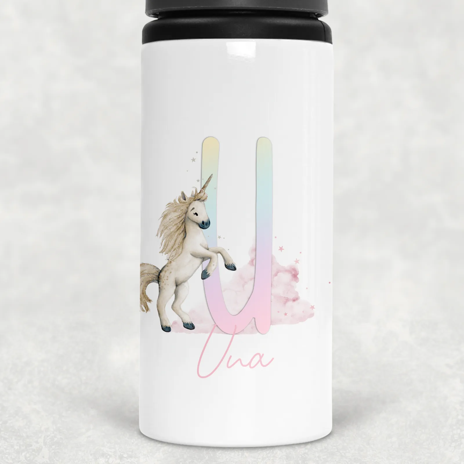 Unicorn Rainbow Alphabet Personalised Aluminium Straw Water Bottle 650ml