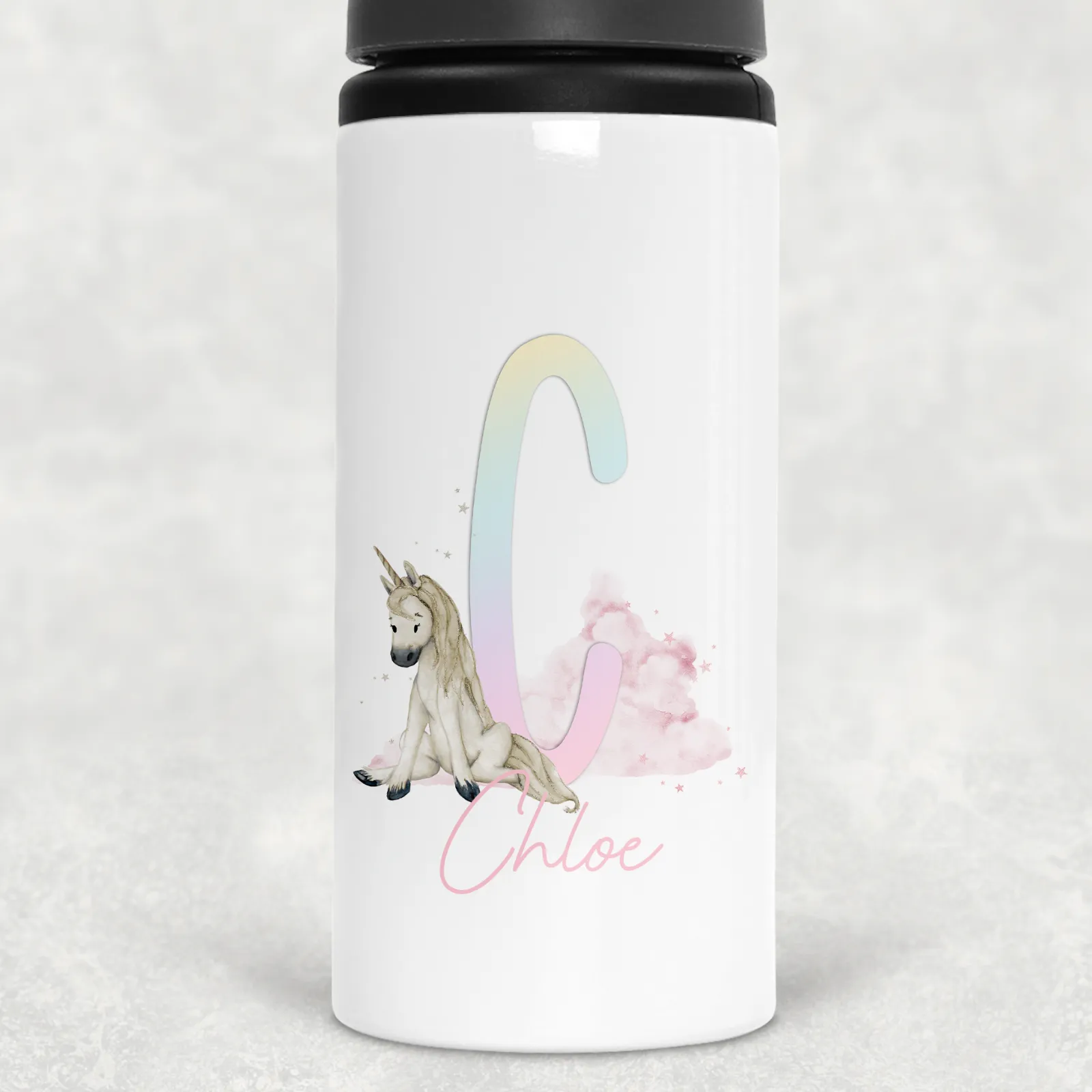 Unicorn Rainbow Alphabet Personalised Aluminium Straw Water Bottle 650ml