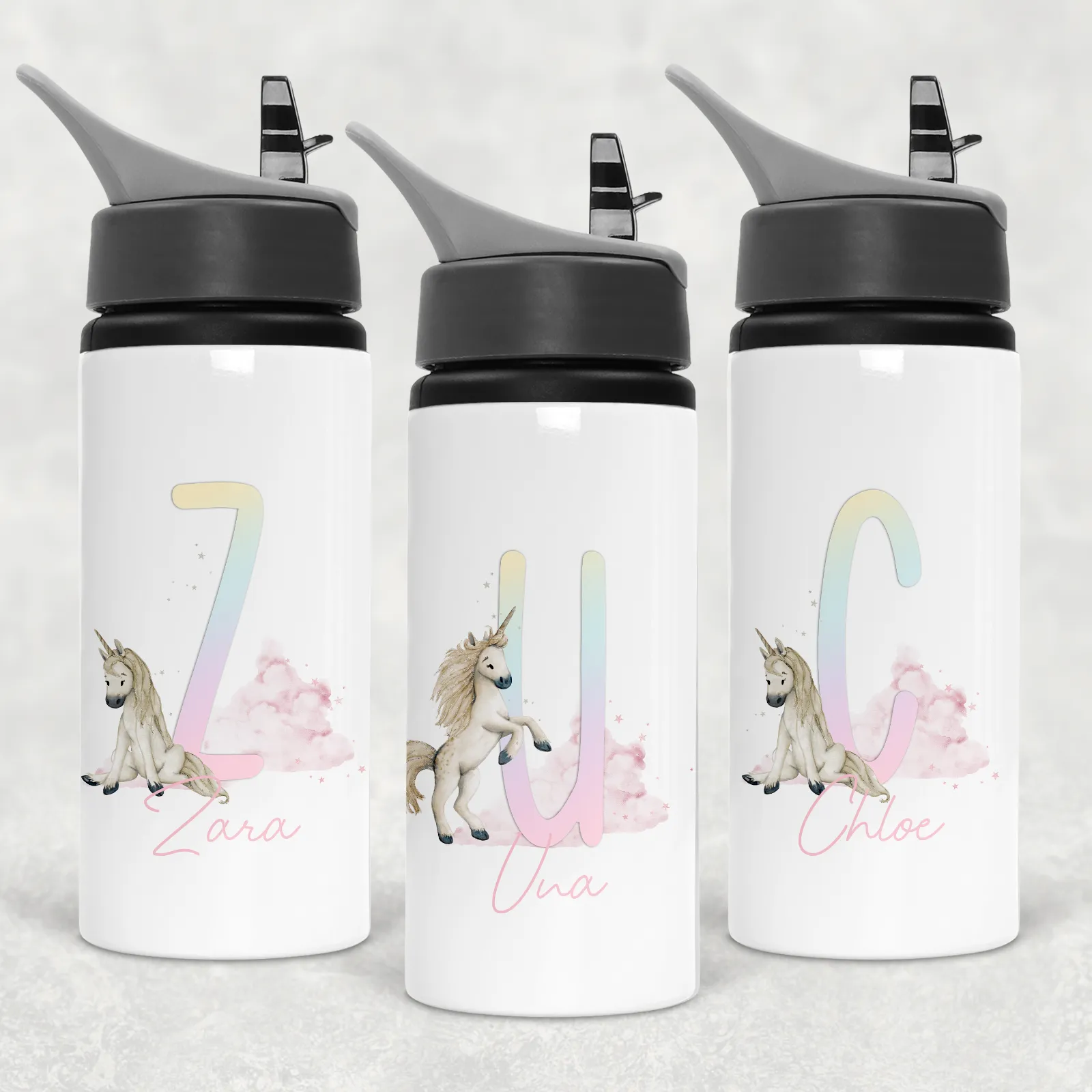 Unicorn Rainbow Alphabet Personalised Aluminium Straw Water Bottle 650ml