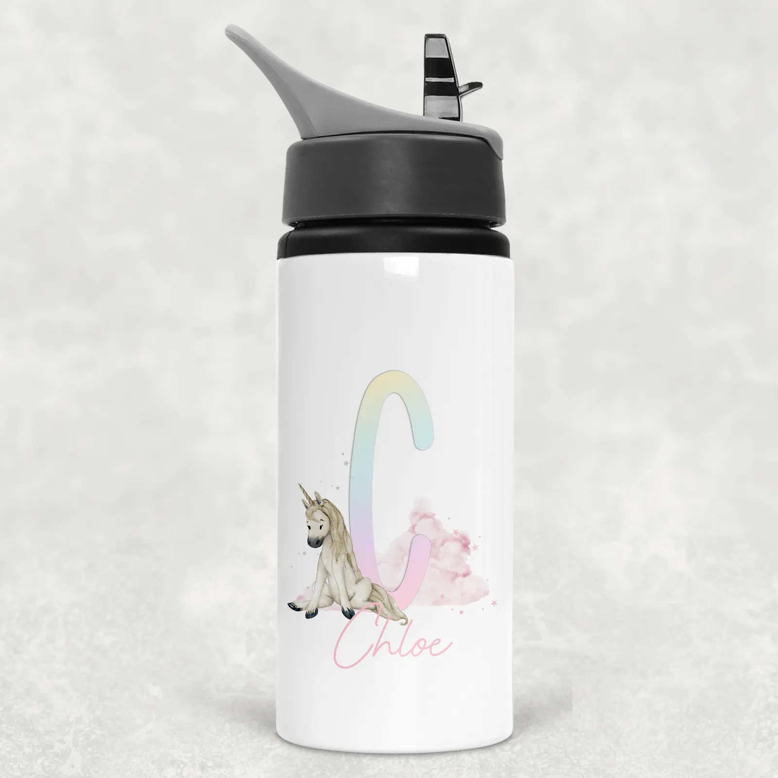 Unicorn Rainbow Alphabet Personalised Aluminium Straw Water Bottle 650ml