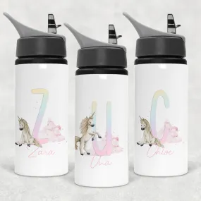 Unicorn Rainbow Alphabet Personalised Aluminium Straw Water Bottle 650ml