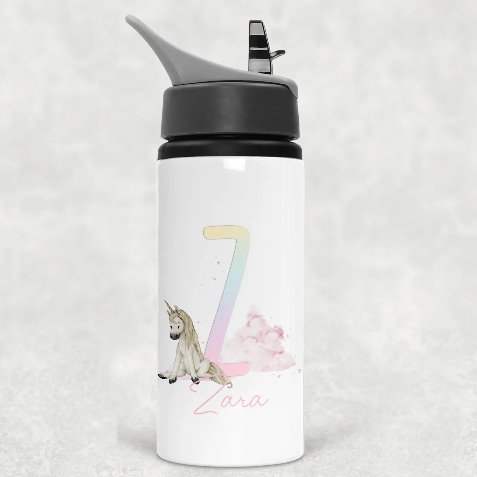 Unicorn Rainbow Alphabet Personalised Aluminium Straw Water Bottle 650ml