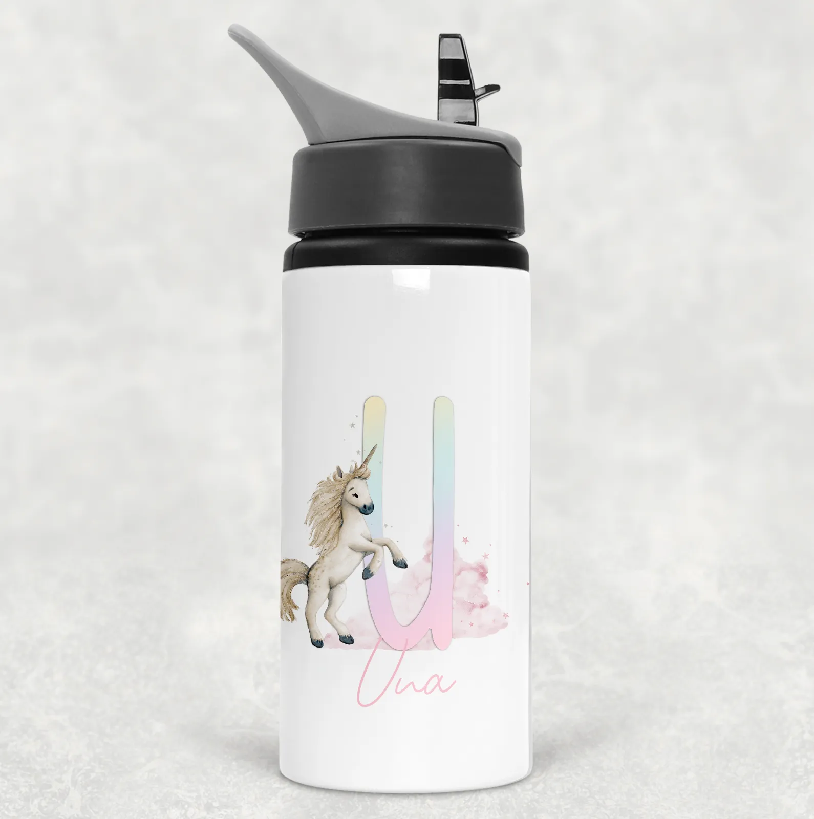 Unicorn Rainbow Alphabet Personalised Aluminium Straw Water Bottle 650ml