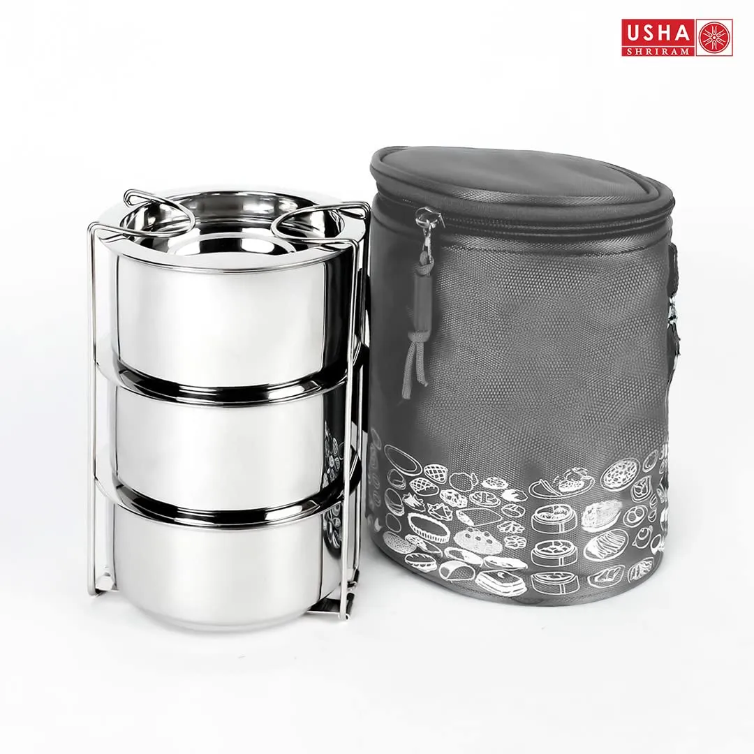 USHA SHRIRAM Insulated Stainless Steel Lunch Box with Bag Bottle(950ml) Combo| Insulation For Hot & Cold Food Beverage | Gift Set | Stackable & Leak Proof | Lunch Box for Kids & Adults | Easy to Carry (Tiffin Box - 950ml Copper Bottle)