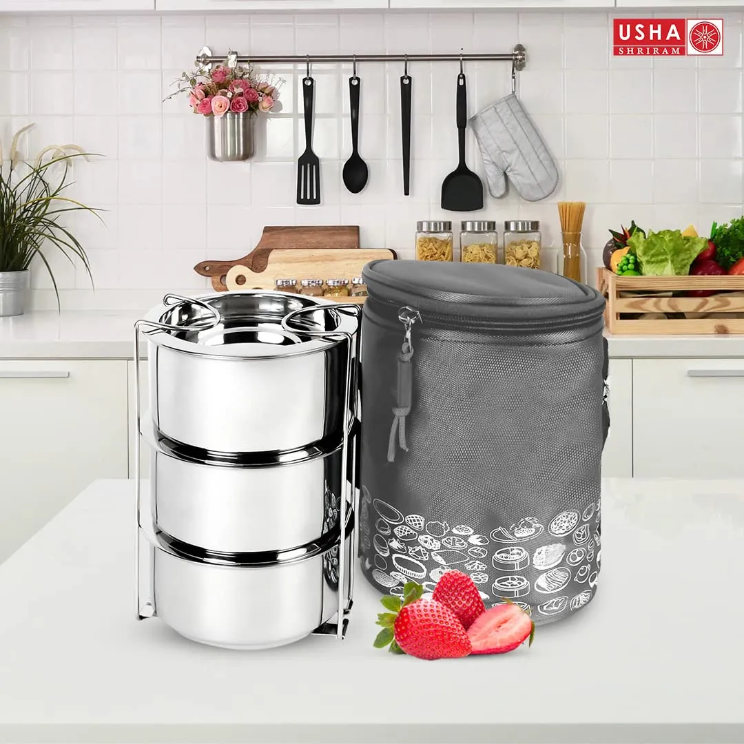 USHA SHRIRAM Insulated Stainless Steel Lunch Box with Bag Bottle(950ml) Combo| Insulation For Hot & Cold Food Beverage | Gift Set | Stackable & Leak Proof | Lunch Box for Kids & Adults | Easy to Carry (Tiffin Box - 950ml Copper Bottle)