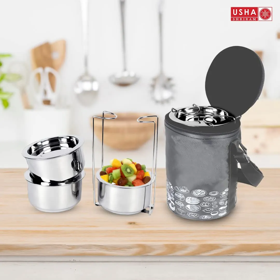 USHA SHRIRAM Insulated Stainless Steel Lunch Box with Bag Bottle(950ml) Combo| Insulation For Hot & Cold Food Beverage | Gift Set | Stackable & Leak Proof | Lunch Box for Kids & Adults | Easy to Carry (Tiffin Box - 950ml Copper Bottle)