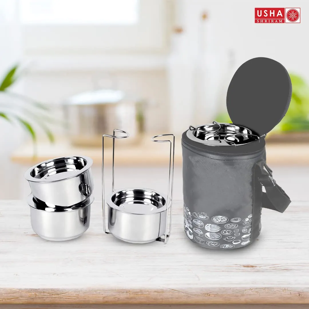 USHA SHRIRAM Insulated Stainless Steel Lunch Box with Bag Bottle(950ml) Combo| Insulation For Hot & Cold Food Beverage | Gift Set | Stackable & Leak Proof | Lunch Box for Kids & Adults | Easy to Carry (Tiffin Box - 950ml Copper Bottle)