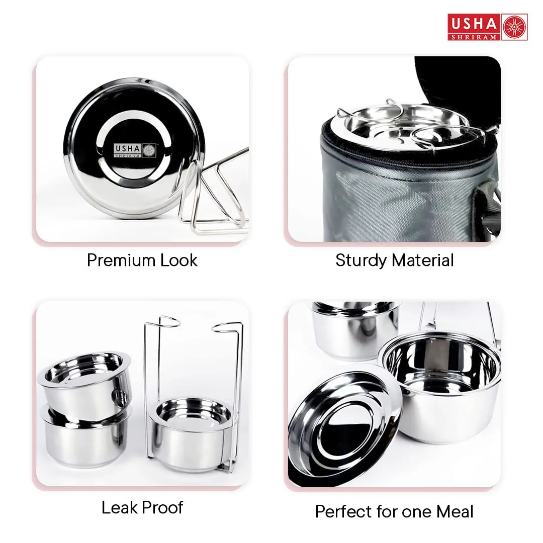 USHA SHRIRAM Insulated Stainless Steel Lunch Box with Bag Bottle(950ml) Combo| Insulation For Hot & Cold Food Beverage | Gift Set | Stackable & Leak Proof | Lunch Box for Kids & Adults | Easy to Carry (Tiffin Box - 950ml Copper Bottle)