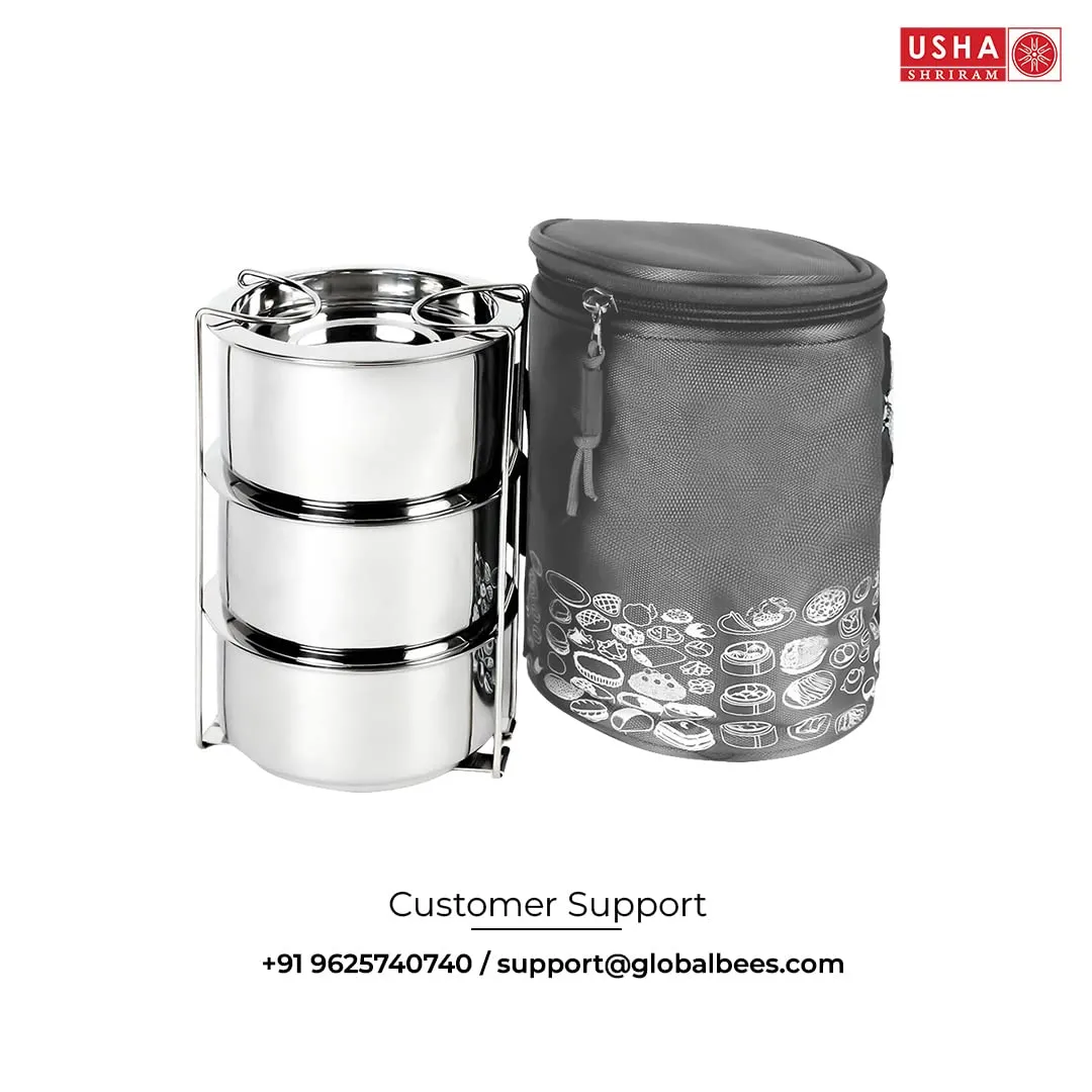 USHA SHRIRAM Insulated Stainless Steel Lunch Box with Bag Bottle(950ml) Combo| Insulation For Hot & Cold Food Beverage | Gift Set | Stackable & Leak Proof | Lunch Box for Kids & Adults | Easy to Carry (Tiffin Box - 950ml Copper Bottle)