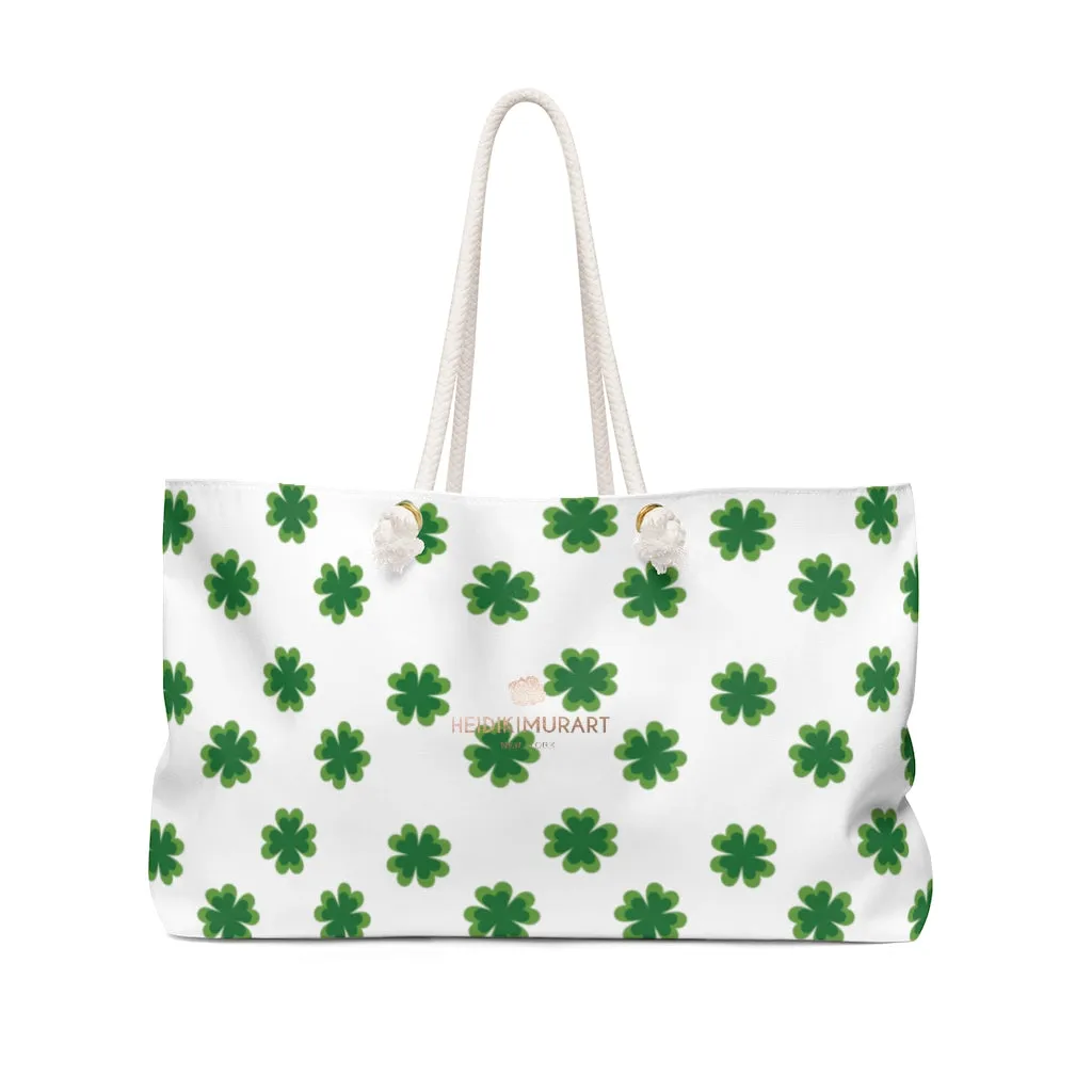 White Green Clover Tote Bag, Clover Print St. Patrick's Day Designer Large Weekender Tote Bag- Made in USA