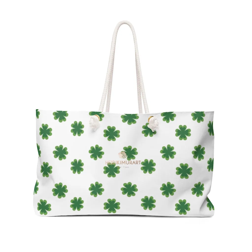 White Green Clover Tote Bag, Clover Print St. Patrick's Day Designer Large Weekender Tote Bag- Made in USA