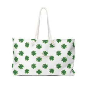 White Green Clover Tote Bag, Clover Print St. Patrick's Day Designer Large Weekender Tote Bag- Made in USA