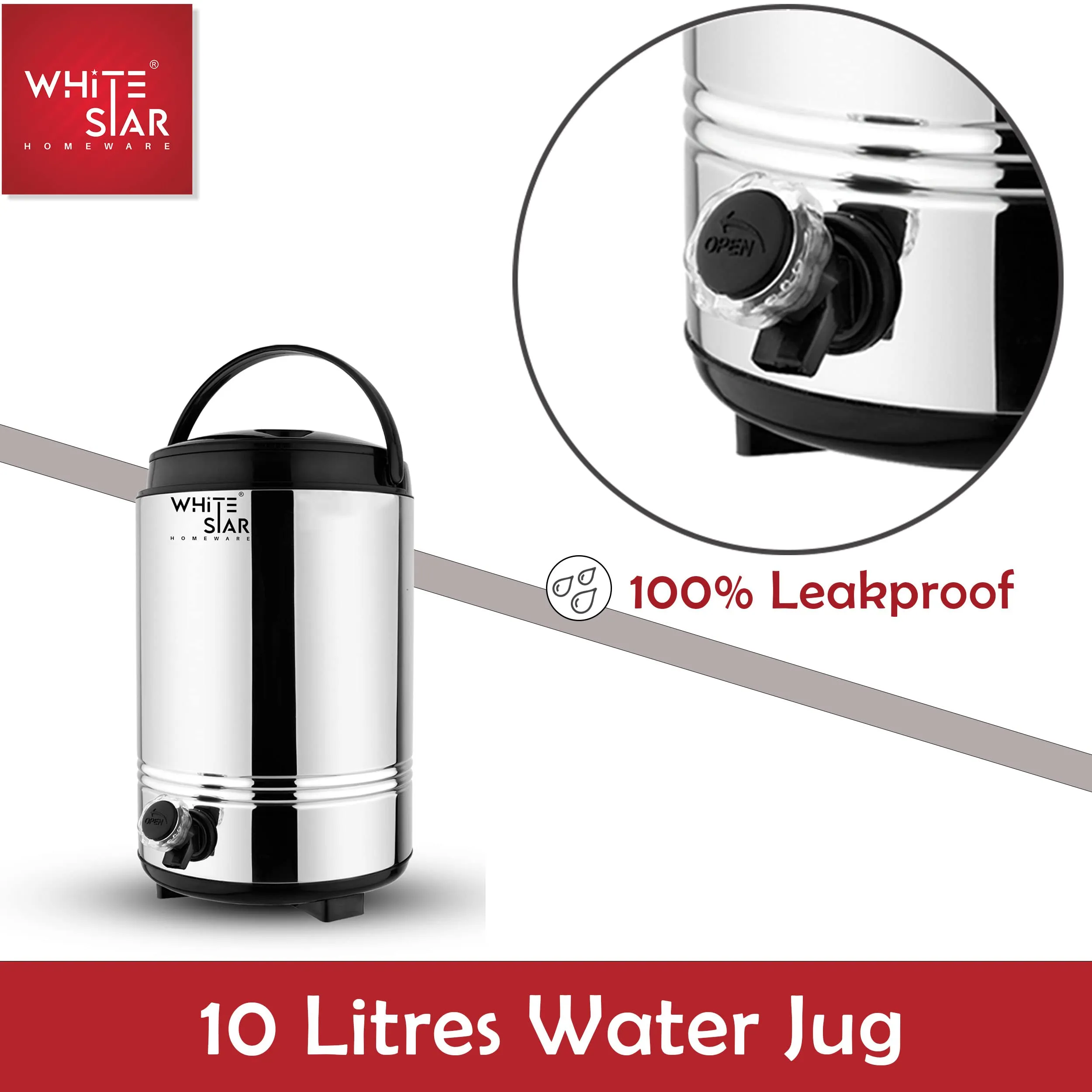 WHITESTAR Stainless Steel Water Jug/Jug with PU Insulated Thermosteel with Carry Handle I Big Size 10 Liter of Capacity I Silver Color I Hot and Cold Water Dispenser for Kitchen Home Office