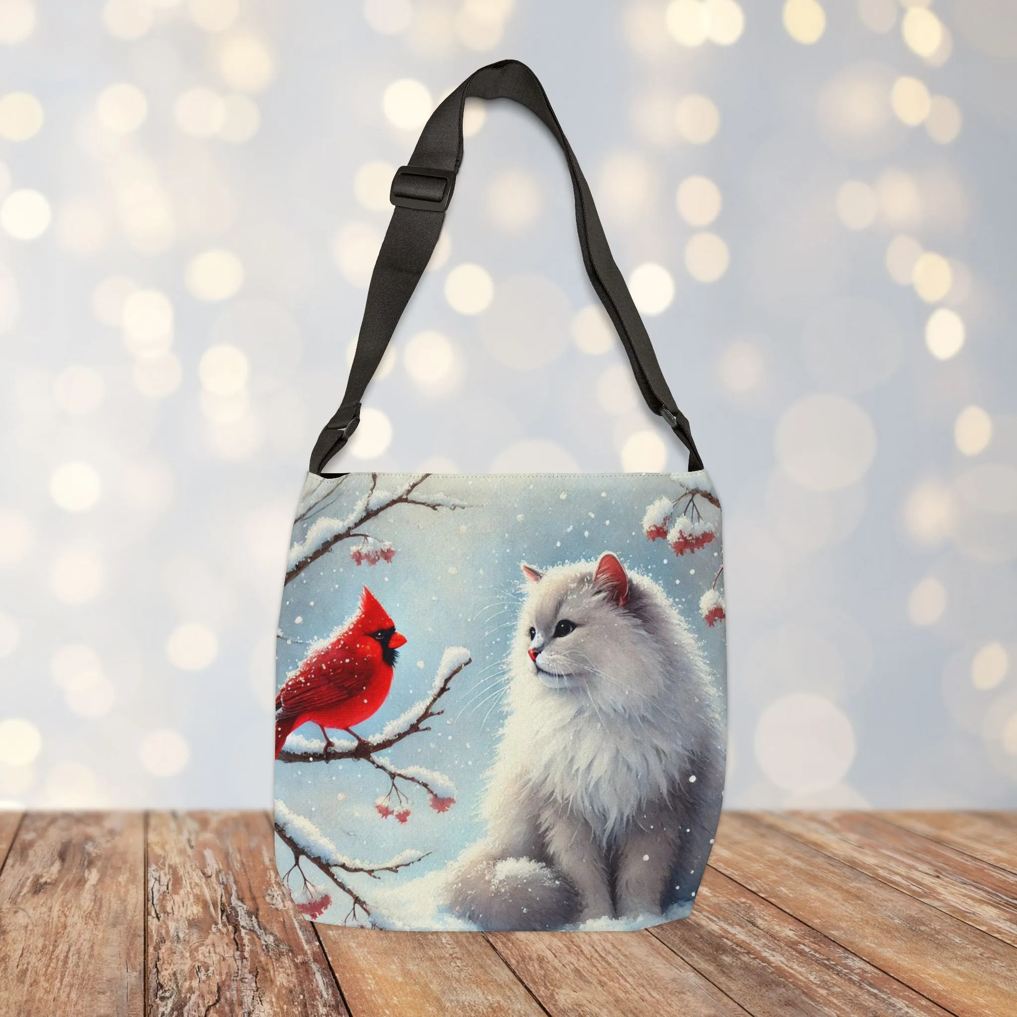Winter Cardinal - Cat Lover - Adjustable Strap Tote Bag