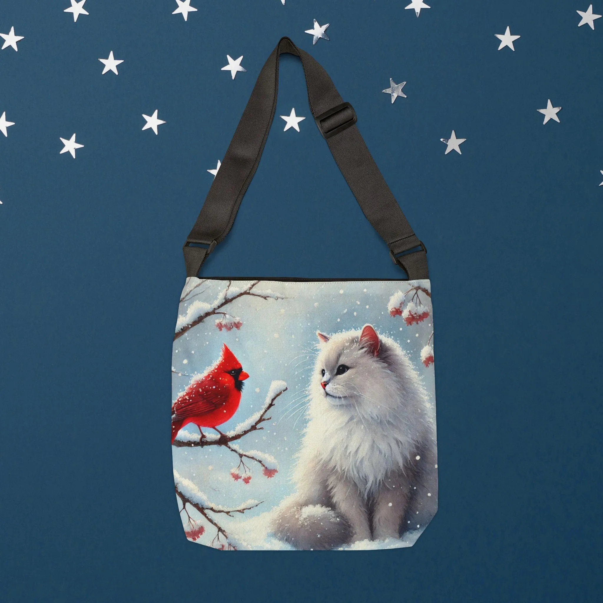 Winter Cardinal - Cat Lover - Adjustable Strap Tote Bag