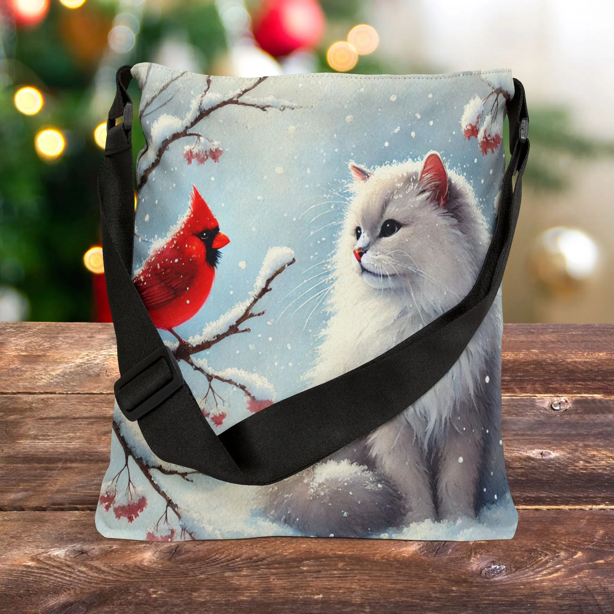Winter Cardinal - Cat Lover - Adjustable Strap Tote Bag
