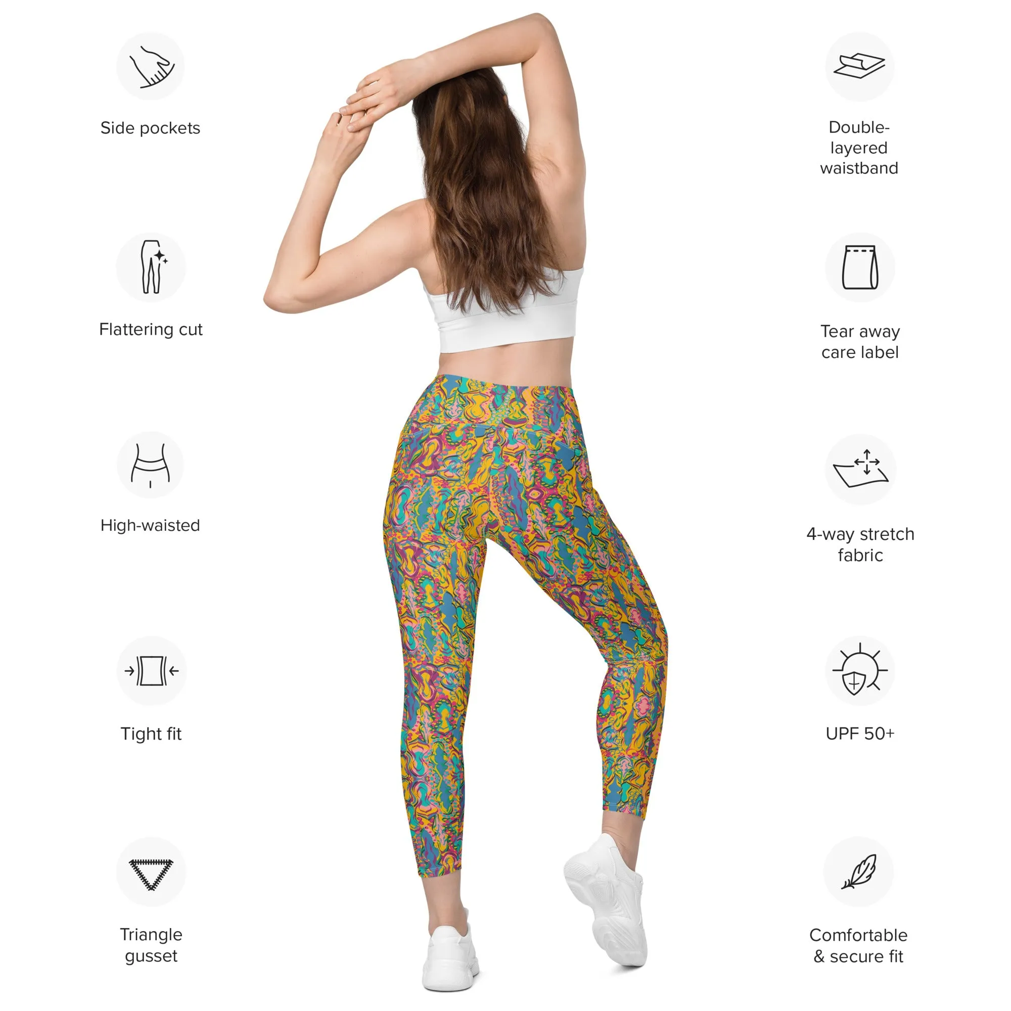 Yellow wimsical design Yoga Leggings with pockets